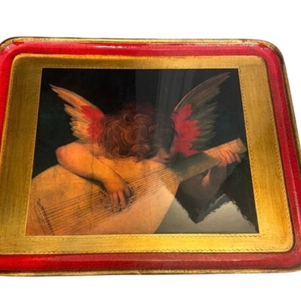 Neiman Marcus Italy Florentine Style Vintage Wood Tray Cherub Lute Angel Decor